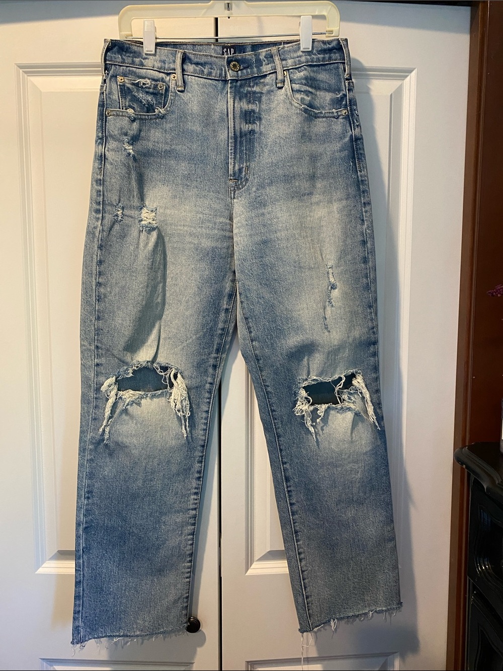 GAP Cone Denim, Light Blue, Distressed, High Waist, Straight Leg Jeans. Size 29 - Picture 2 of 9
